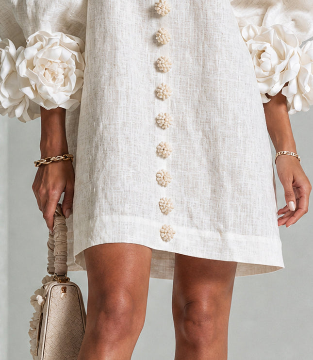 Women's Button-Front Mini Dress with Floral Rosette Cuffs