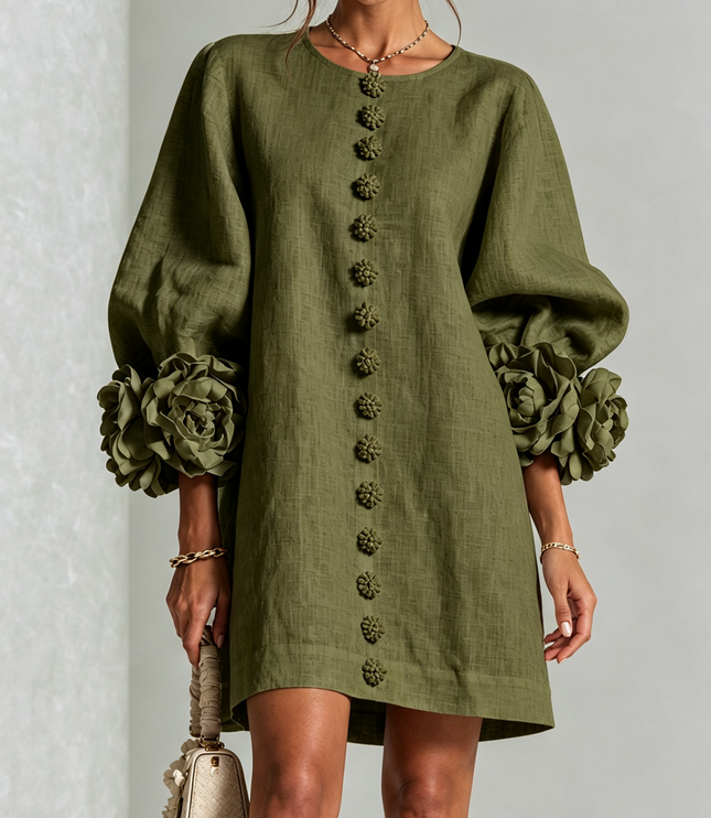 Women's Button-Front Mini Dress with Floral Rosette Cuffs