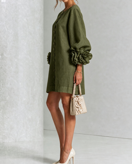 Women's Button-Front Mini Dress with Floral Rosette Cuffs