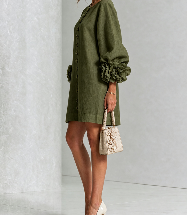 Women's Button-Front Mini Dress with Floral Rosette Cuffs