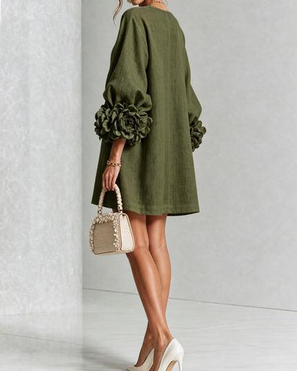Women's Button-Front Mini Dress with Floral Rosette Cuffs
