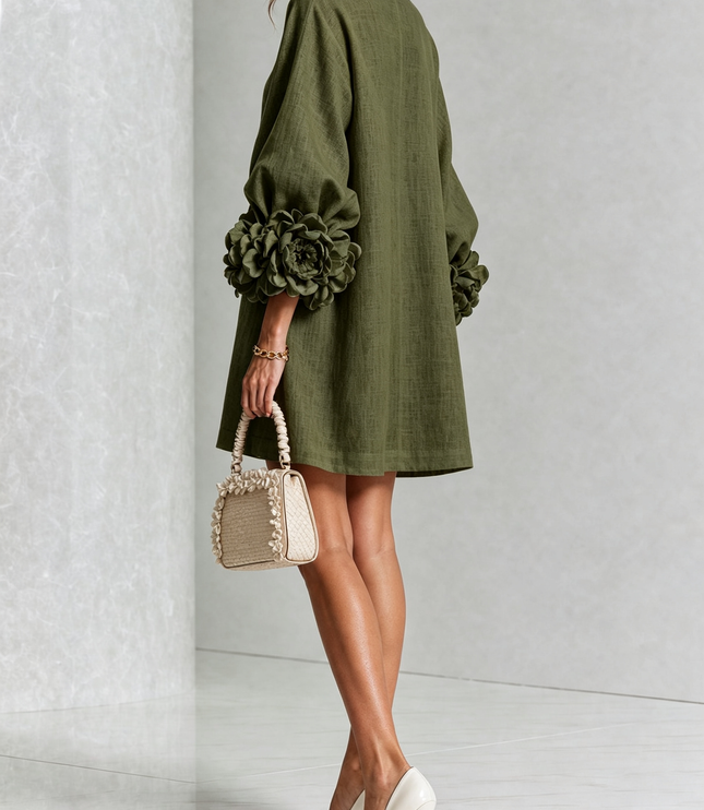 Women's Button-Front Mini Dress with Floral Rosette Cuffs