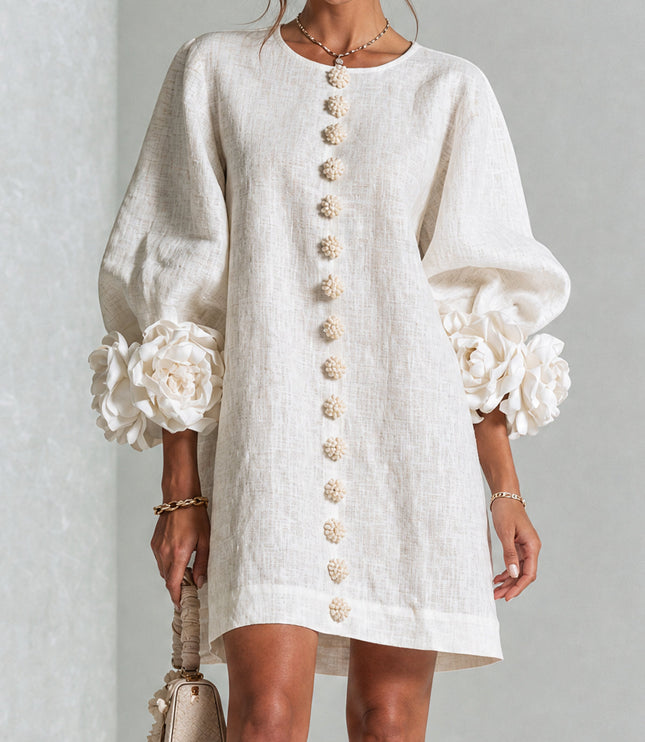 Women's Button-Front Mini Dress with Floral Rosette Cuffs