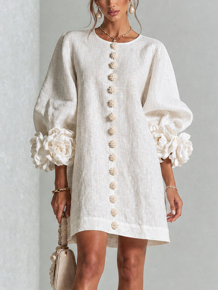 Women's Button-Front Mini Dress with Floral Rosette Cuffs