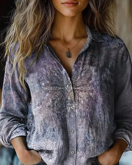 Women's Button-Up Blouse with Long Sleeve and Boho Floral Print