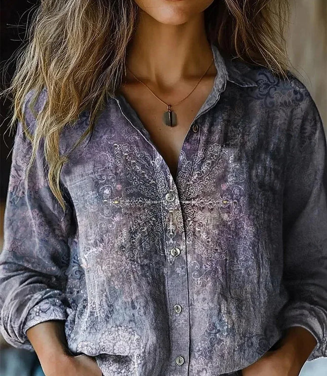 Women's Button-Up Blouse with Long Sleeve and Boho Floral Print