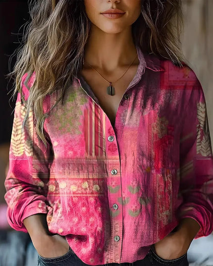 Women's Button-Up Blouse with Long Sleeve and Boho Floral Print