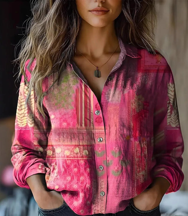 Women's Button-Up Blouse with Long Sleeve and Boho Floral Print