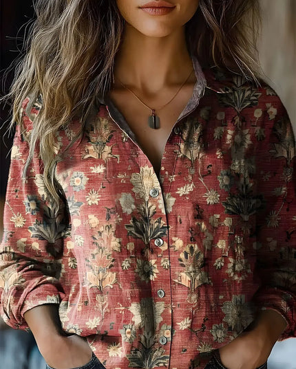 Women's Button-Up Blouse with Long Sleeve and Boho Floral Print
