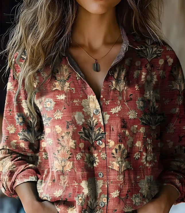 Women's Button-Up Blouse with Long Sleeve and Boho Floral Print