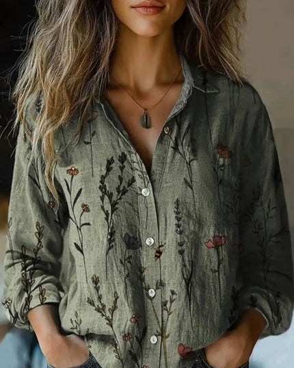 Women's Button-Up Blouse with Long Sleeve and Boho Floral Print