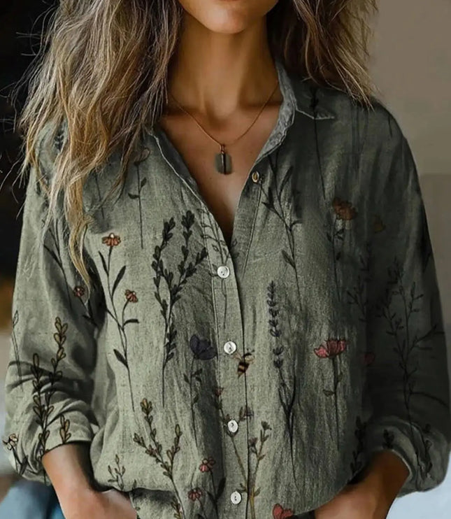 Women's Button-Up Blouse with Long Sleeve and Boho Floral Print