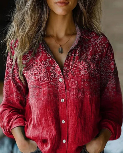 Women's Button-Up Blouse with Long Sleeve and Boho Floral Print