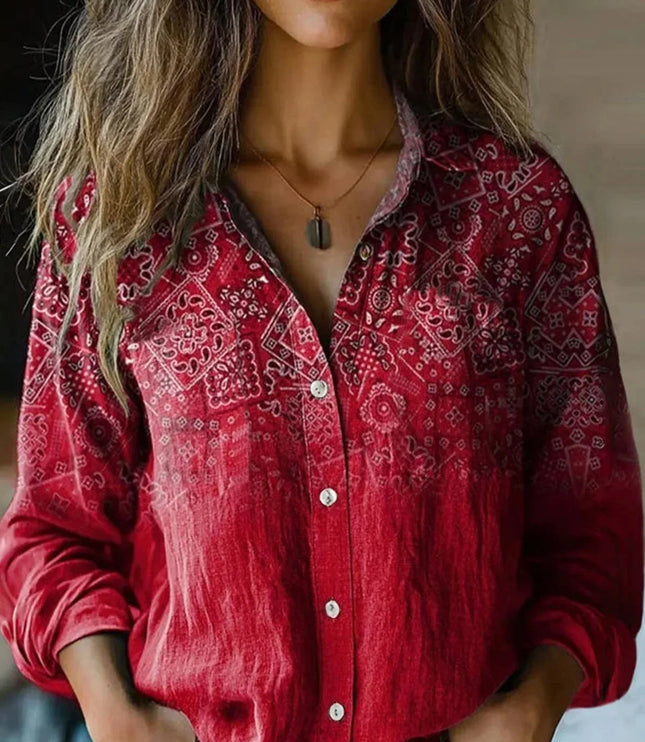 Women's Button-Up Blouse with Long Sleeve and Boho Floral Print