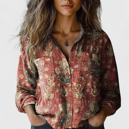 Women's Button-Up Blouse with Long Sleeve and Boho Floral Print