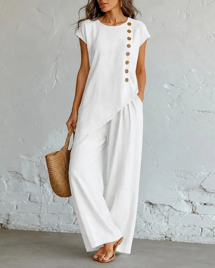 Women's Buttoned Asymmetric Top Set with Wide-Leg Pants