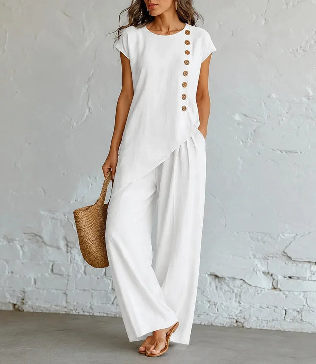 Women's Buttoned Asymmetric Top Set with Wide-Leg Pants