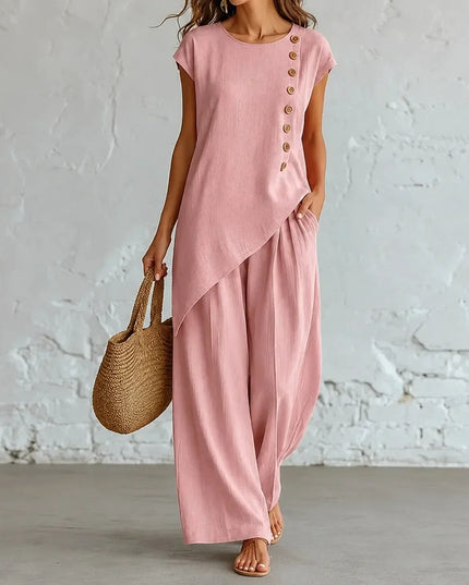 Women's Buttoned Asymmetric Top Set with Wide-Leg Pants