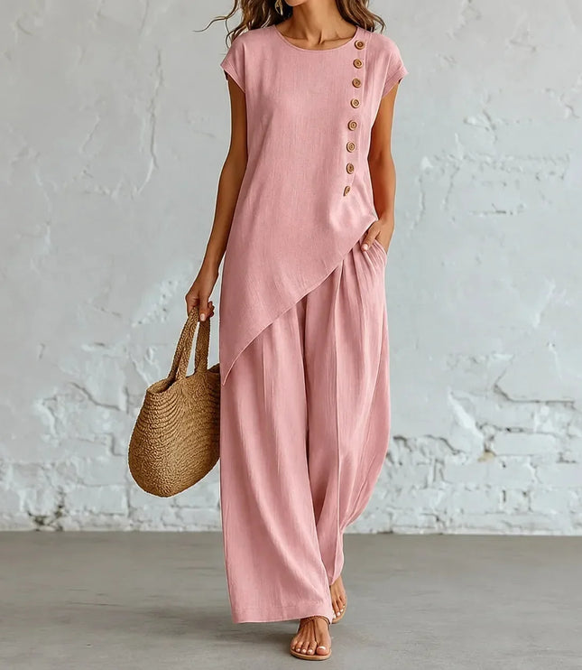 Women's Buttoned Asymmetric Top Set with Wide-Leg Pants