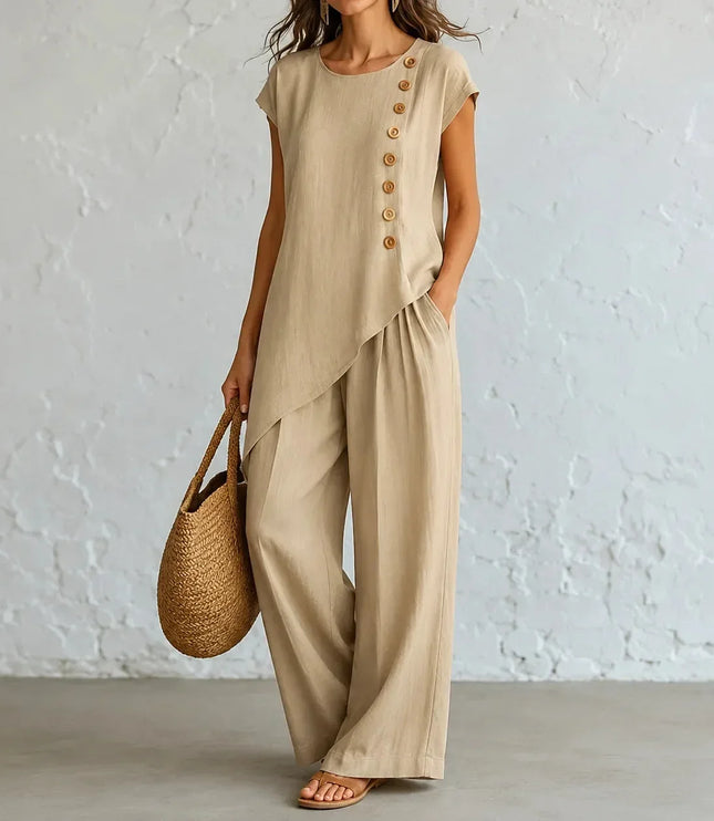 Women's Buttoned Asymmetric Top Set with Wide-Leg Pants