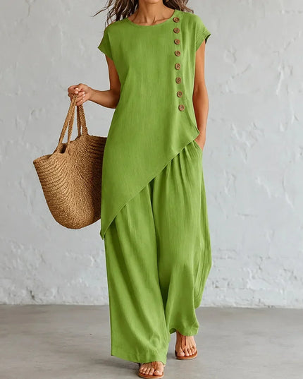 Women's Buttoned Asymmetric Top Set with Wide-Leg Pants