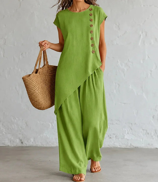 Women's Buttoned Asymmetric Top Set with Wide-Leg Pants