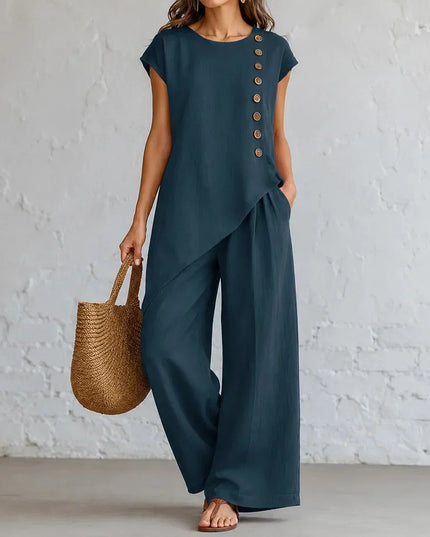 Women's Buttoned Asymmetric Top Set with Wide-Leg Pants