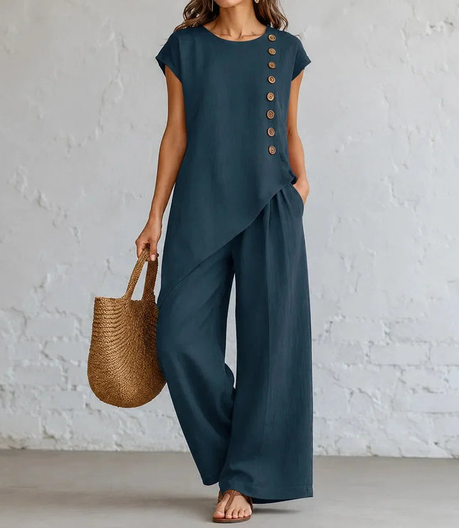 Women's Buttoned Asymmetric Top Set with Wide-Leg Pants