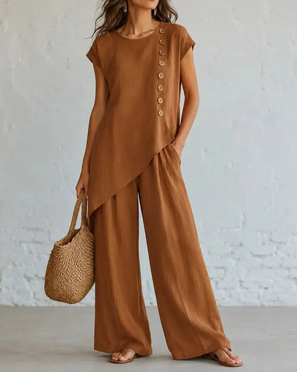 Women's Buttoned Asymmetric Top Set with Wide-Leg Pants