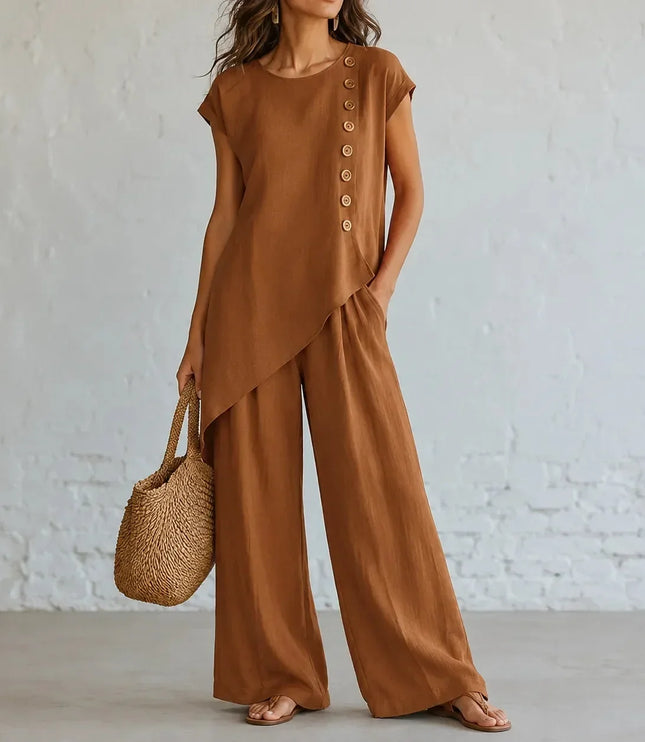 Women's Buttoned Asymmetric Top Set with Wide-Leg Pants