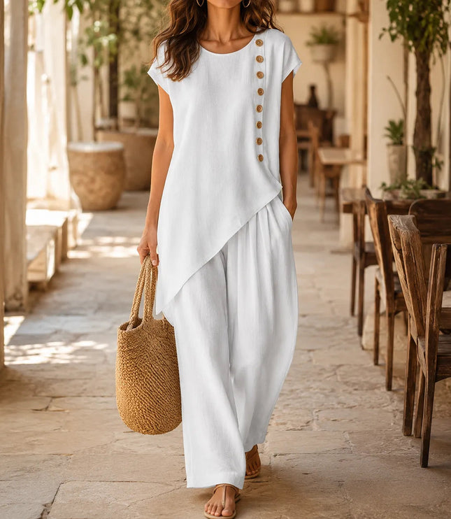 Women's Buttoned Asymmetric Top Set with Wide-Leg Pants