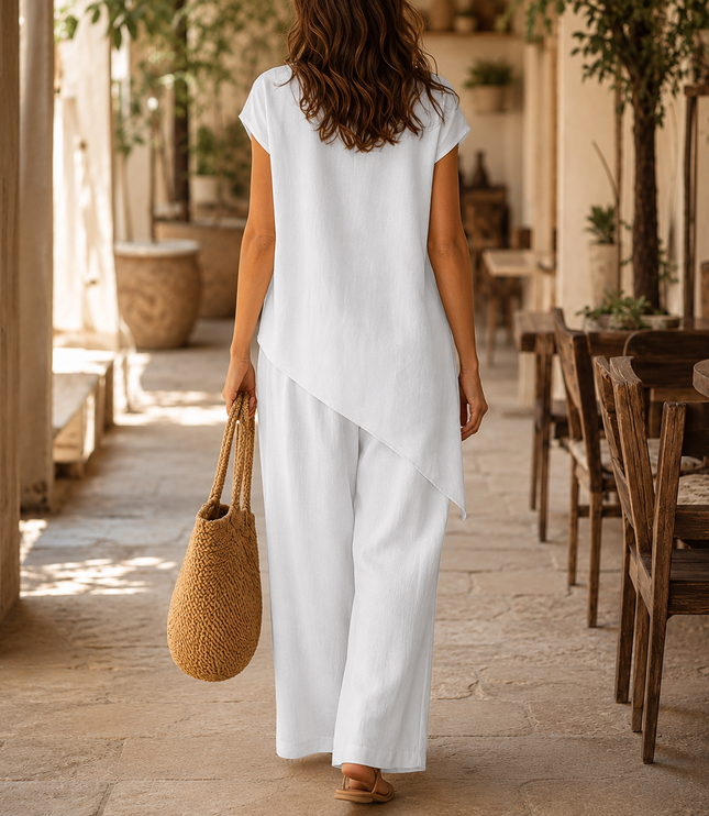 Women's Buttoned Asymmetric Top Set with Wide-Leg Pants