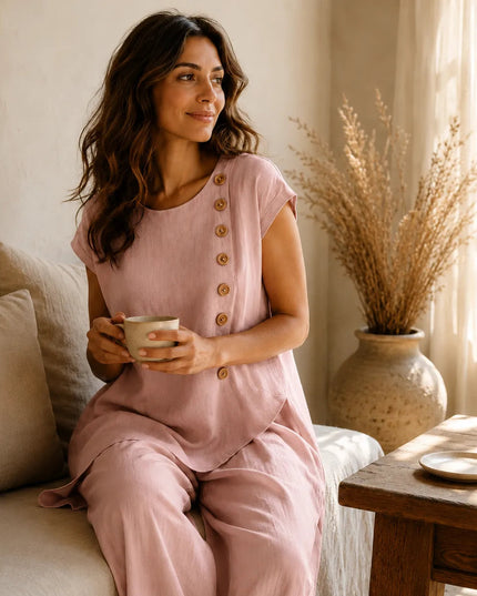 Women's Buttoned Asymmetric Top Set with Wide-Leg Pants