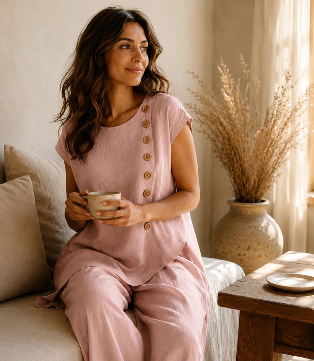 Women's Buttoned Asymmetric Top Set with Wide-Leg Pants
