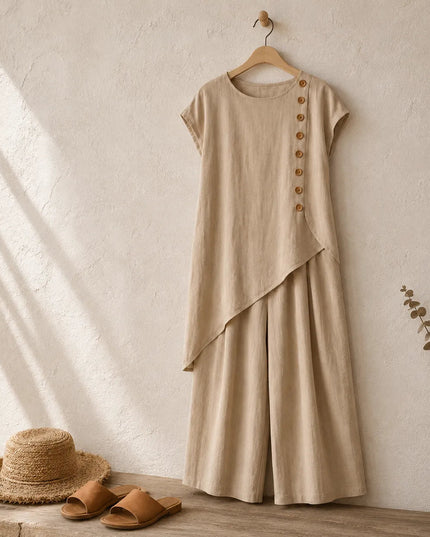 Women's Buttoned Asymmetric Top Set with Wide-Leg Pants