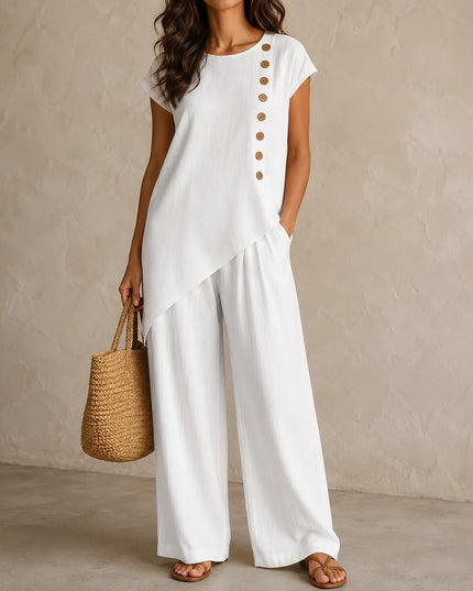 Women's Buttoned Asymmetric Top Set with Wide-Leg Pants