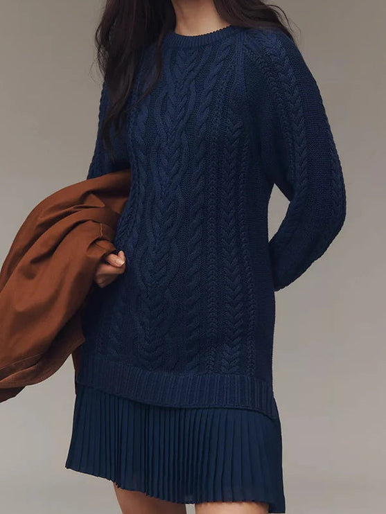 Women's Cable Knit Sweater Mini Dress with Pleated Hem