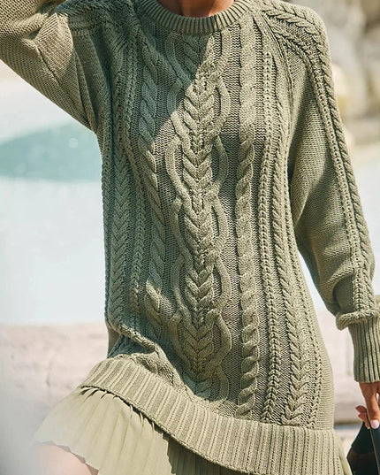 Women's Cable Knit Sweater Mini Dress with Pleated Hem