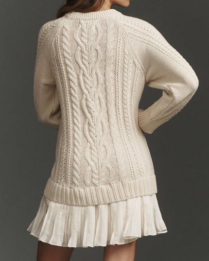 Women's Cable Knit Sweater Mini Dress with Pleated Hem