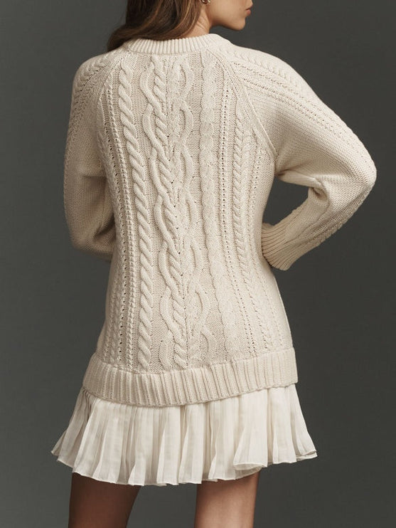 Women's Cable Knit Sweater Mini Dress with Pleated Hem