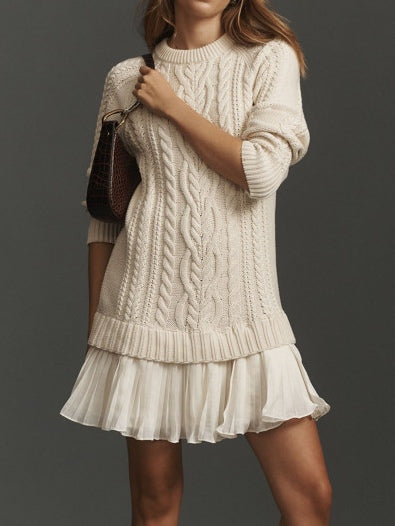 Women's Cable Knit Sweater Mini Dress with Pleated Hem