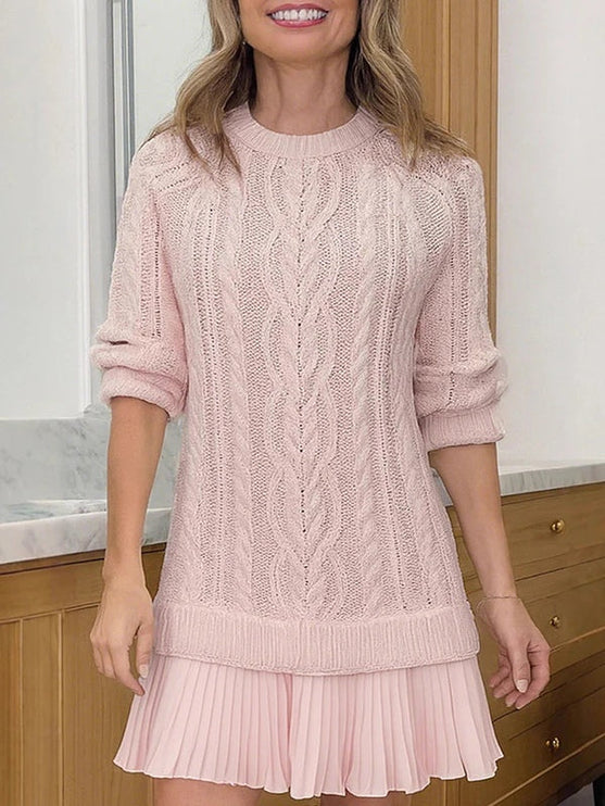 Women's Cable Knit Sweater Mini Dress with Pleated Hem