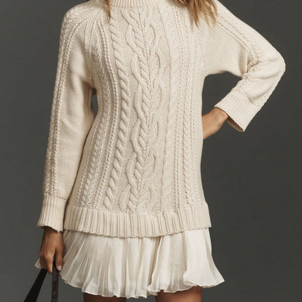 Women's Cable Knit Sweater Mini Dress with Pleated Hem