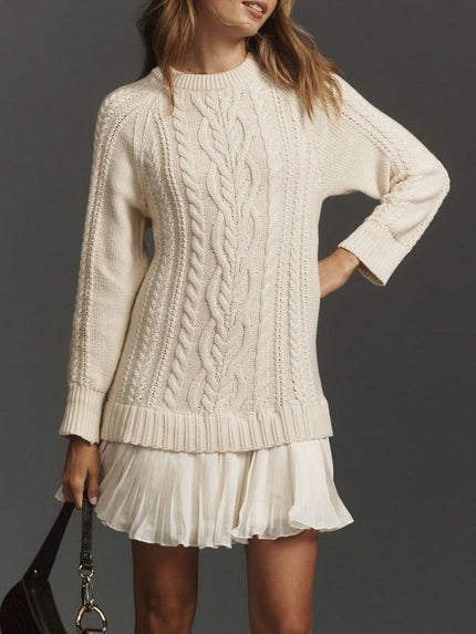 Women's Cable Knit Sweater Mini Dress with Pleated Hem