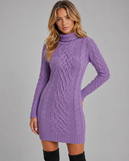 Women's Cable Knit Turtleneck Mini Sweater Dress