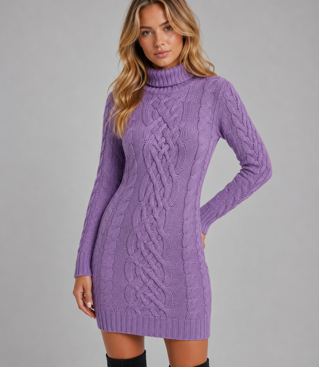 Women's Cable Knit Turtleneck Mini Sweater Dress