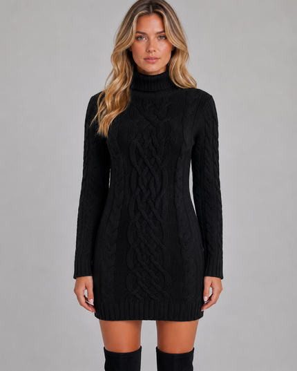 Women's Cable Knit Turtleneck Mini Sweater Dress