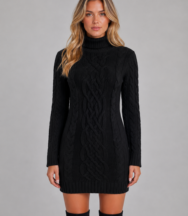 Women's Cable Knit Turtleneck Mini Sweater Dress