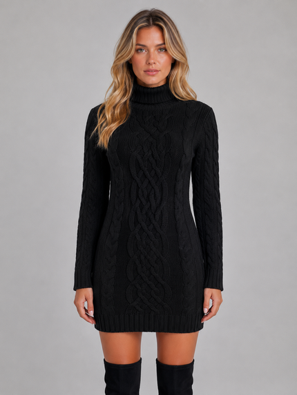 Women's Cable Knit Turtleneck Mini Sweater Dress