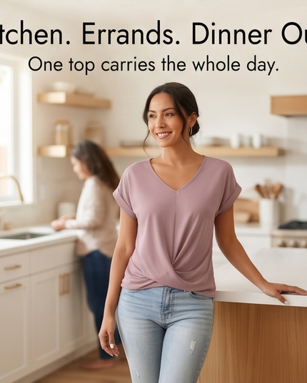 Women's Cap Sleeve Top with Twist Knot Front and V-Neck
